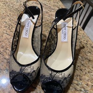 Jimmy Choo black lace peep toe heels